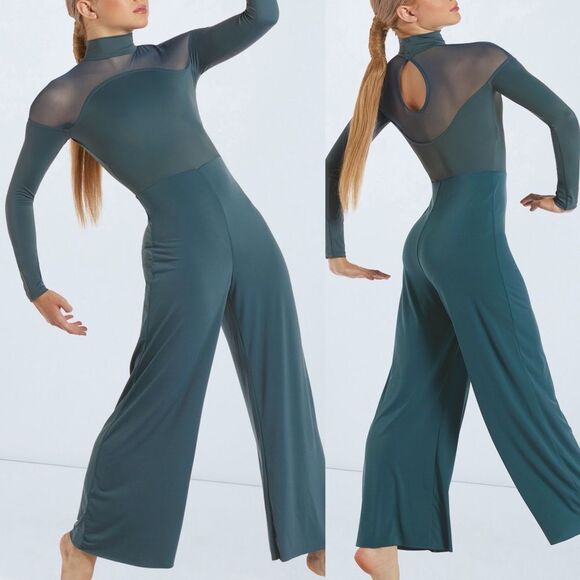WEISSMAN Dance Costume unitard teal Curved Illusion Neck Jumpsuit 15278 LC - Picture 1 of 9